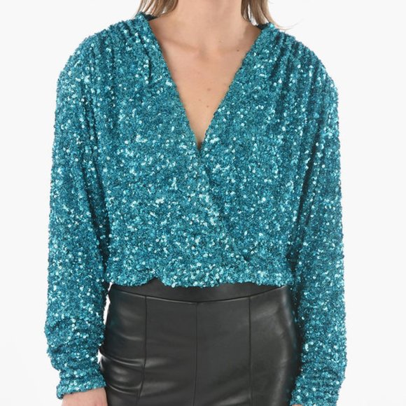 NWT ROTATE Birger Christensen Aurelia Sequin-embellished Wrap Top Blouse size 4 - Picture 11 of 16